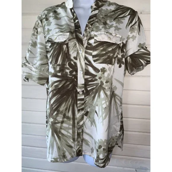 CHICO'S Sz 0 (SMALL) Palm Print Roll Tab Short Sleeve Safari Blouse Pockets VGUC - Picture 3 of 10